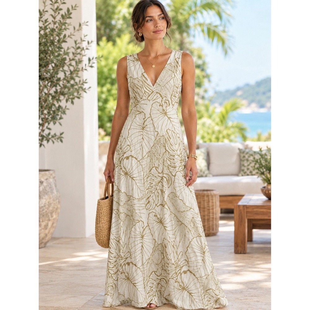 Magaschoni 100% Linen Tropical Leaf Sleeveless Maxi Dress Ivory Olive 8 NWT